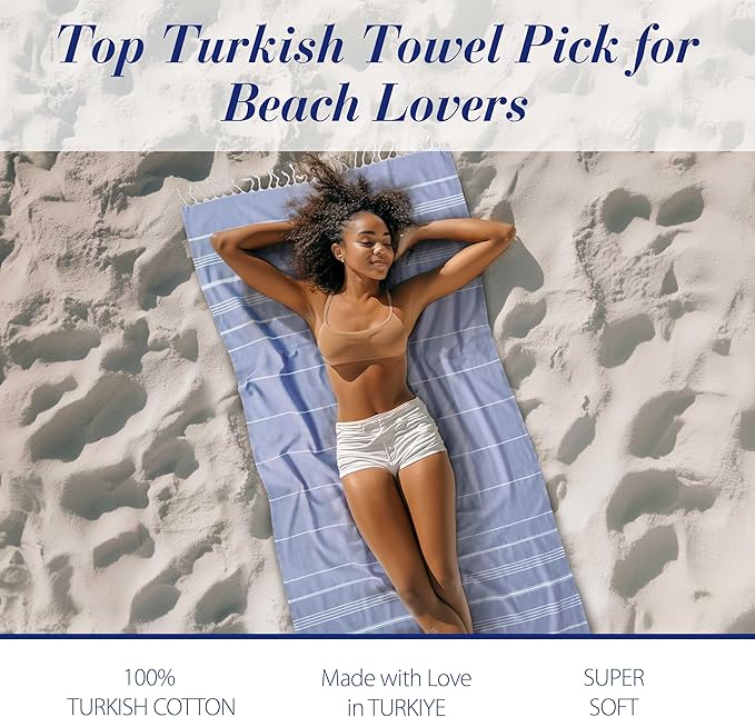 Cacala Lightweight and Thin Turkish Beach Towel 100% Cotton Sand-Free and Quick-Drying Goodness Perfect as an Extra Large Travel Towel, Beach Accessory, or Gift for Beach Lovers, 37 x 70