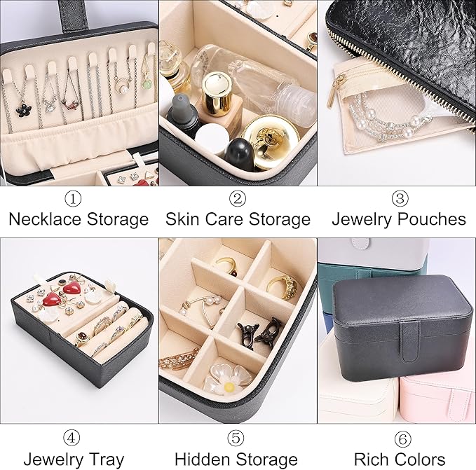 2 Layer Portable Jewelry Box, Large Jewelry Travel Case with 4 Jewelry Pouches, Medium Size Jewelry Organizer Box for Earrings, Necklaces, Bracelets (black)