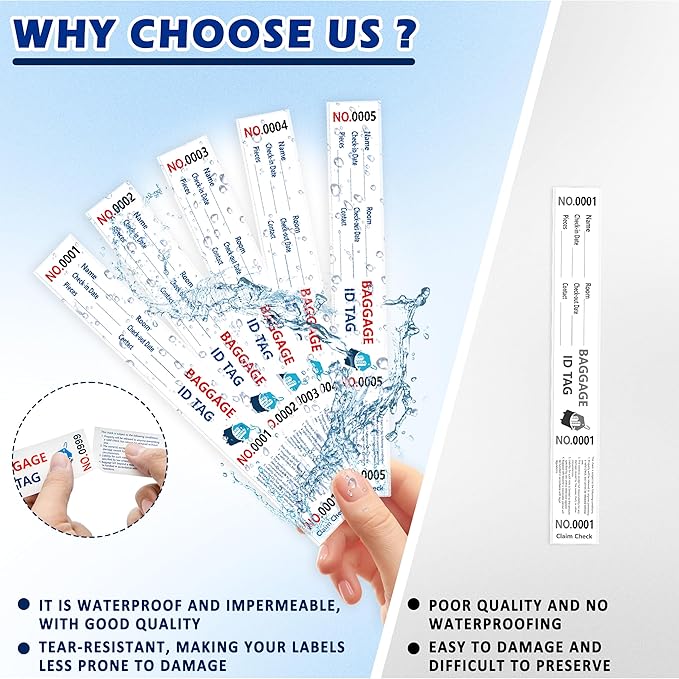 1000 Luggage Tags Hotels Baggage Claim Check Tags with Transfer Tape Serial Numbering (1-1000) Paper Luggage Tags Hotel Luggage Claim Bag Tags Claim Tickets for Hotel Luggage Identification (1)