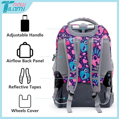 NEW TILAMI 18 Inch Rolling Backpack with Wheels for Girls Boys Kids Laptop Backpack School Travel, Pink Love key