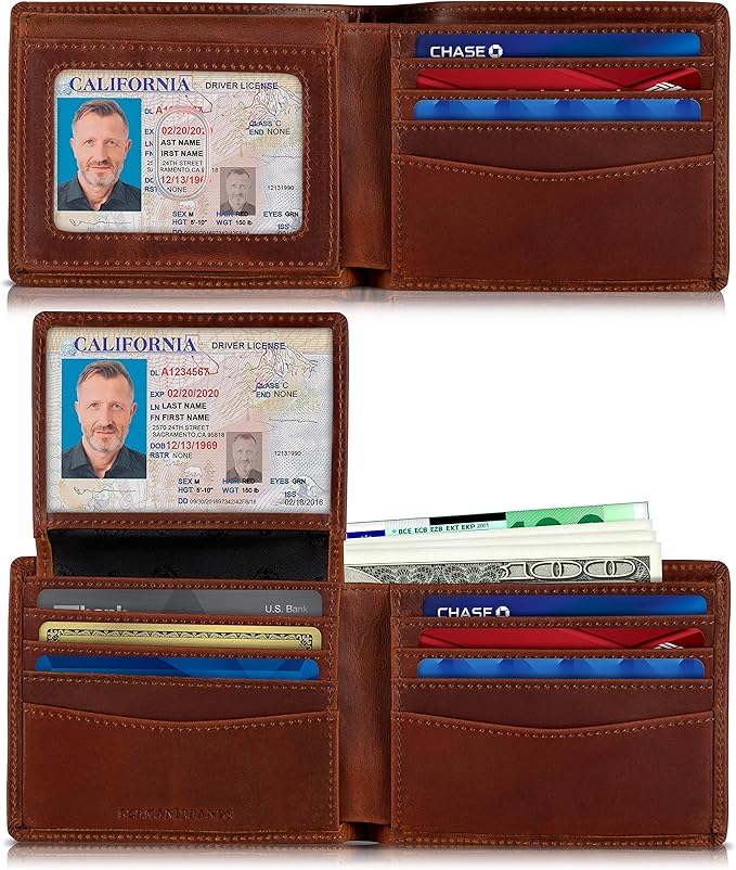 SERMAN BRANDS 2 ID Window Wallet for Men RFID Blocking Leather, Bifold Top Flip, Extra Capacity Travel Wallet