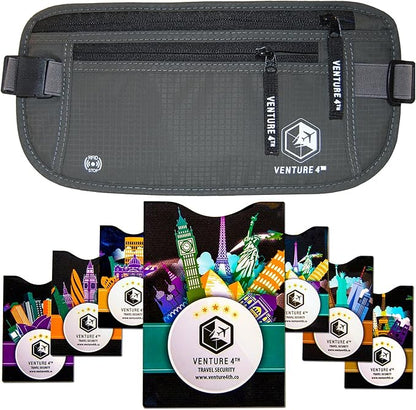 VENTURE 4TH Slim Minimalist Design RFID Money Belt with RFID Blocking Sleeves, for Men and Women – Ideal for Keeping Your Cash, Credit Card, Passport, Phone Secure When Traveling - Gray