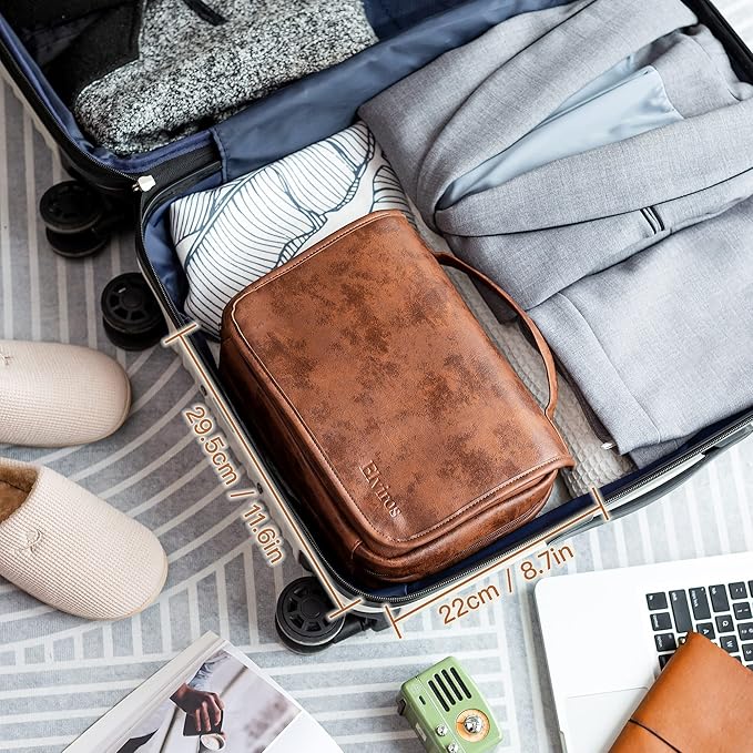 Elviros Hanging Toiletry Bag Removable Travel Bag PU leather Makeup Cosmetic Organizer Kit, Dark Brown