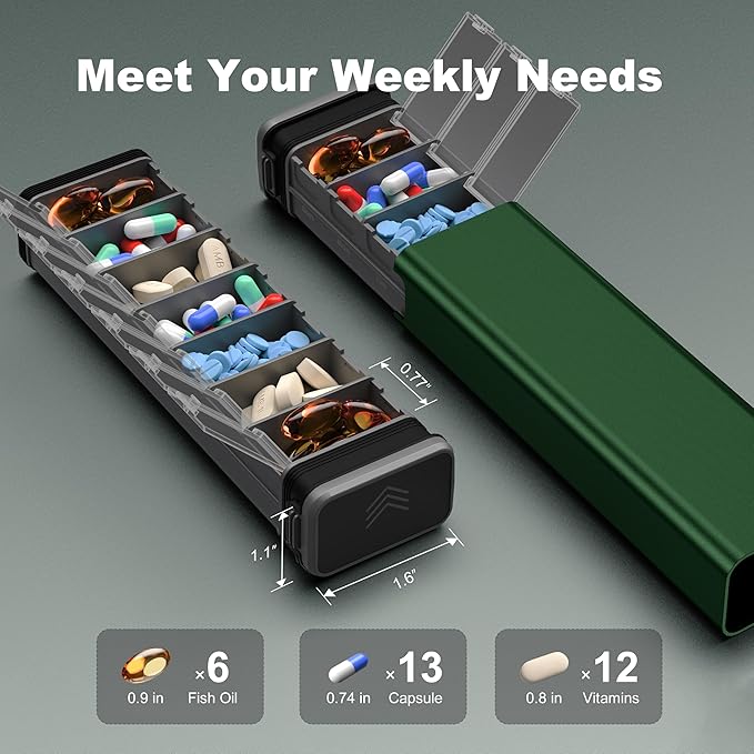 7 Day Weekly Metal Pill Organizer Travel, Kursoaya Premium Aluminum Daily Pill Box, Cute Portable Pill Case, Large Capacity Pill Holder for Supplements, Pills, Vitamins, Medicine (Hunter Green)