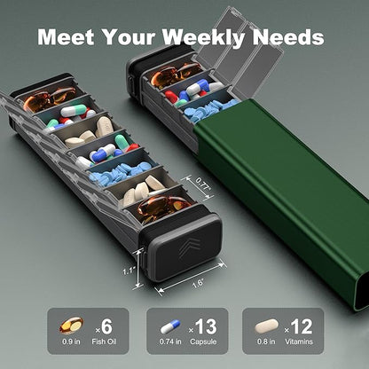 7 Day Weekly Metal Pill Organizer Travel, Kursoaya Premium Aluminum Daily Pill Box, Cute Portable Pill Case, Large Capacity Pill Holder for Supplements, Pills, Vitamins, Medicine (Hunter Green)