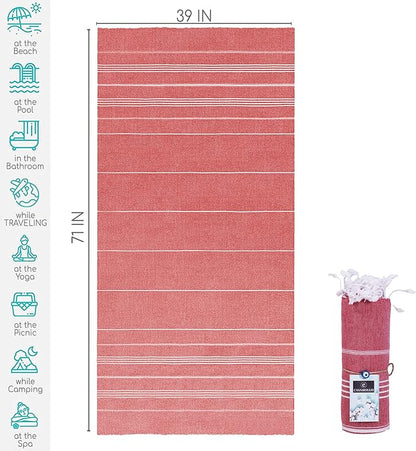 Turkish Beach Towel with Travel Bag 39 x 71 Quick Dry Sand Free Lightweight Large Oversized Beach Towel Turkish Towels Light Beach Towel Travel Towels (Red)