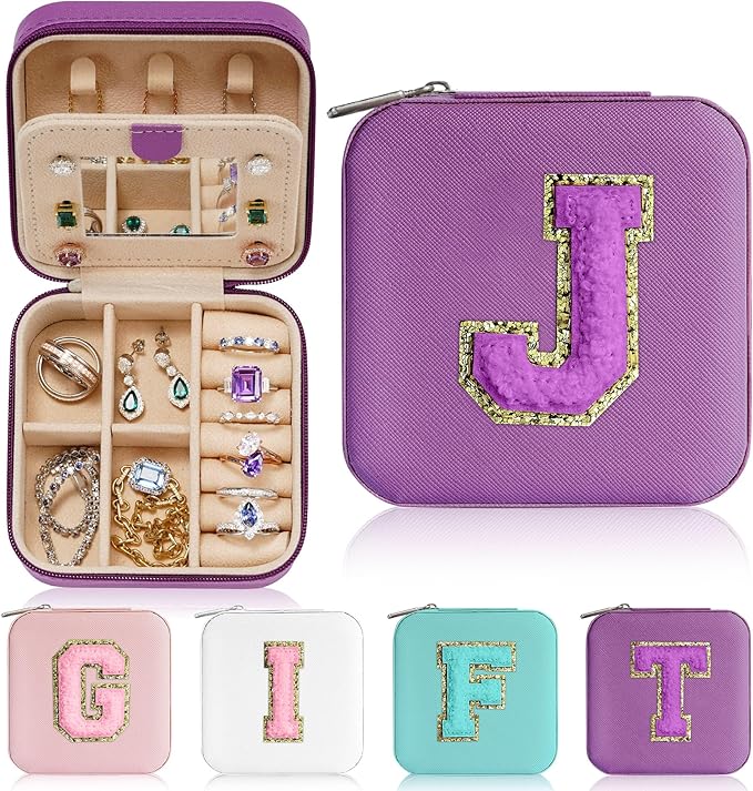 Parima Travel Jewelry Box for Girls Women, Jewelry Organizer Box | Personalized Jewelry Boxes for Women Girls | Necklace Earrings Ring Box | Travel Jewelry Organizer Box - Letter J, Purple