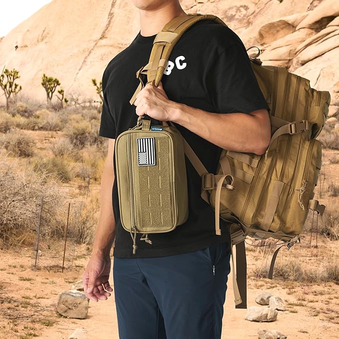 PAVILIA Tactical Toiletry Bag for Men, Travel Hygiene Bag, Military Gear Dopp Kit, Water Resist Molle Accessories Pouch, Mens Shaving Essentials, Gym Bathroom Shower Small Toiletries Tool EDC, Tan