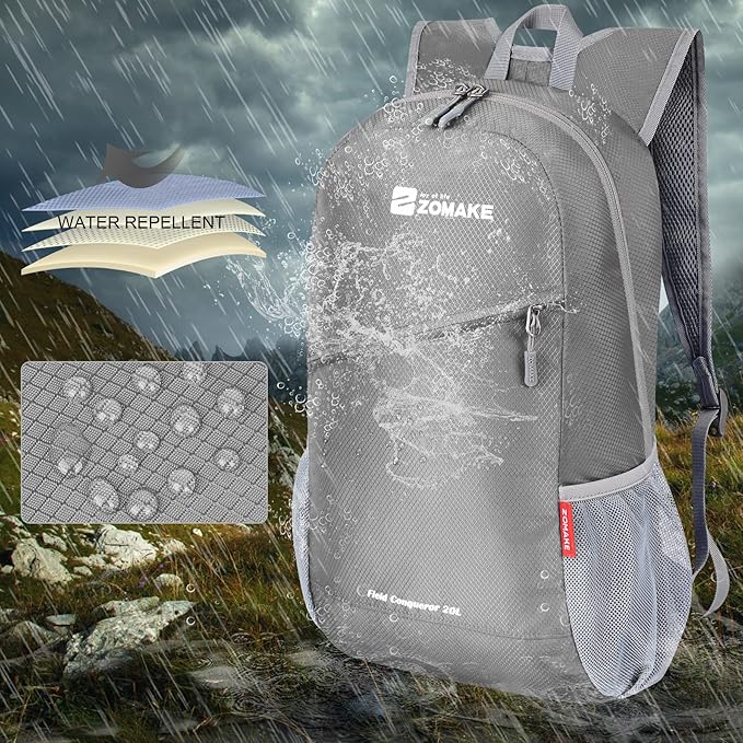 ZOMAKE Lightweight Packable Backpack 20L, Foldable Backpacks Small Daypack for Hiking Water Resistant Day Bag for Travel(Silver Grey)
