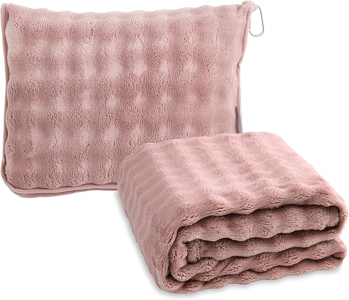 SOCHOW Travel Blanket for Airplane Train and Car, Soft Travel Blanket or Pillow 2 in 1 Compact with Portable Bag Pillowcase, Flight Blanket with Luggage Sleeve and Backpack Clip, Dusty Pink