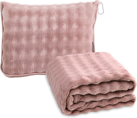 SOCHOW Travel Blanket for Airplane Train and Car, Soft Travel Blanket or Pillow 2 in 1 Compact with Portable Bag Pillowcase, Flight Blanket with Luggage Sleeve and Backpack Clip, Dusty Pink