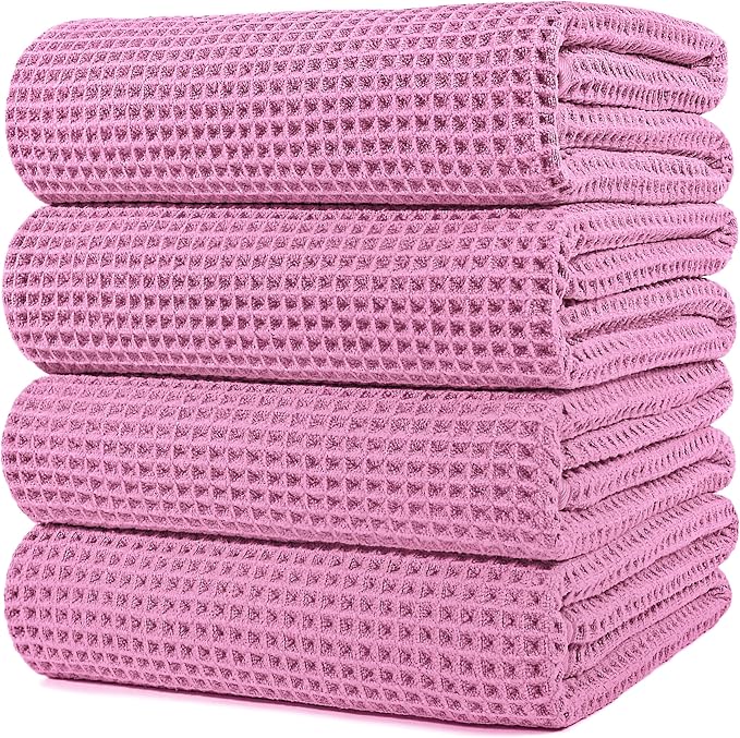 POLYTE Microfiber Oversize Quick Dry Lint Free Bath Towel, 60 x 30 in, 4 Pack (Waffle Weave)