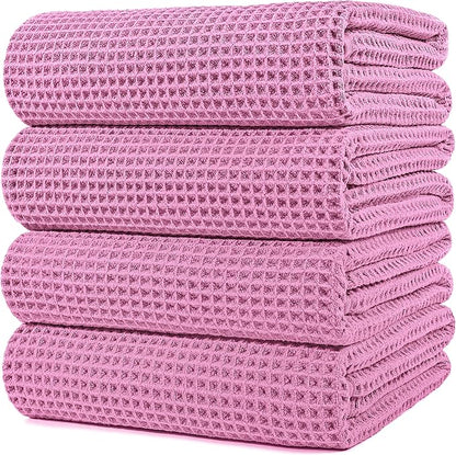 POLYTE Microfiber Oversize Quick Dry Lint Free Bath Towel, 60 x 30 in, 4 Pack (Waffle Weave)