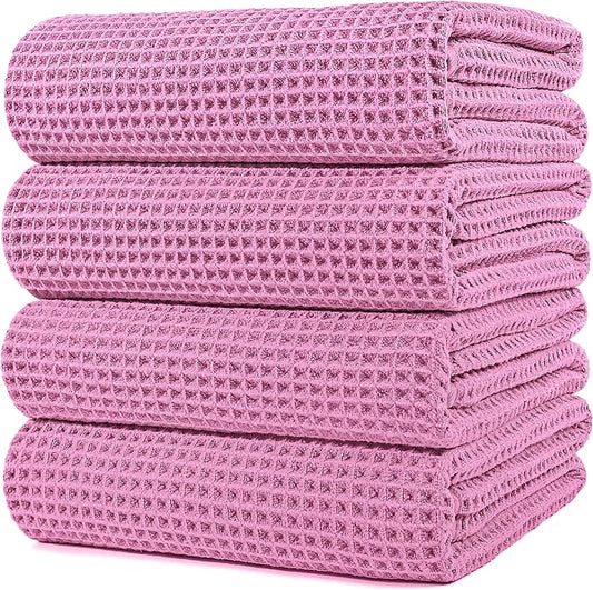 POLYTE Microfiber Oversize Quick Dry Lint Free Bath Towel, 60 x 30 in, 4 Pack (Waffle Weave)