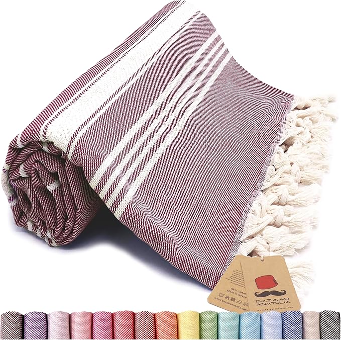 Bazaar Anatolia Turkish Beach Towel – 100% Cotton, Quick Dry, Sand Free Towel for Bathroom, Camping, Travel, Burgundy – Oversized 71x39 Inches – Stripe Maroon