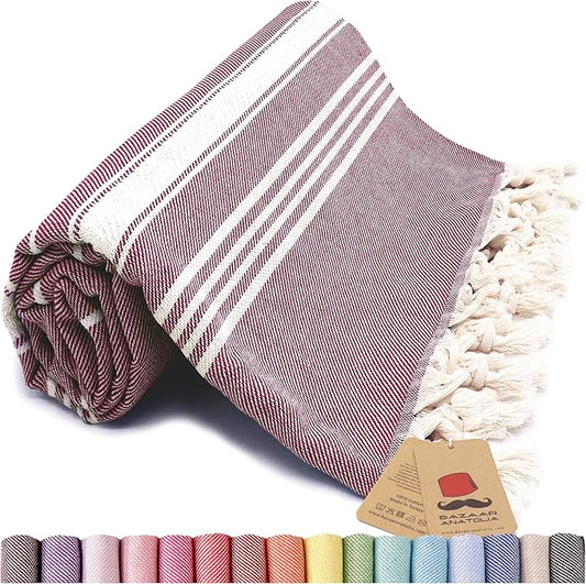 Bazaar Anatolia Turkish Beach Towel – 100% Cotton, Quick Dry, Sand Free Towel for Bathroom, Camping, Travel, Burgundy – Oversized 71x39 Inches – Stripe Maroon