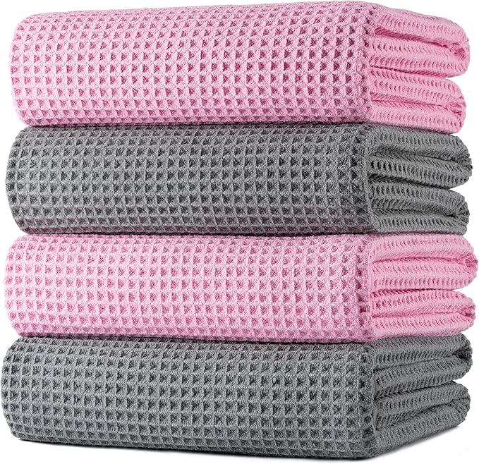 POLYTE Microfiber Oversize Quick Dry Lint Free Bath Towel, 60 x 30 in, 4 Pack (Waffle Weave)