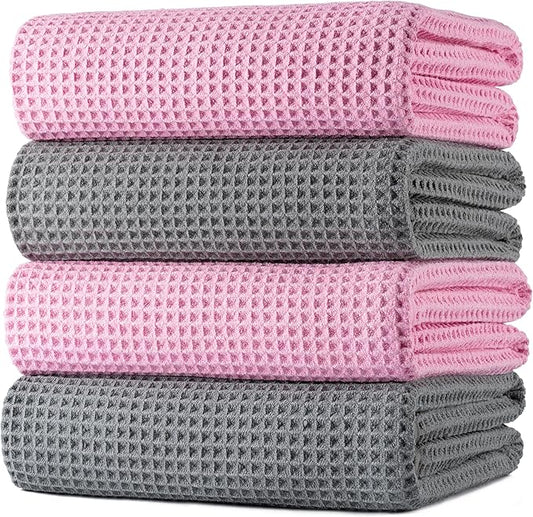 POLYTE Microfiber Oversize Quick Dry Lint Free Bath Towel, 60 x 30 in, 4 Pack (Waffle Weave)
