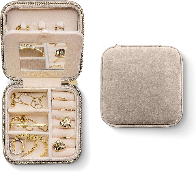 Benevolence LA Plush Velvet Jewelry Box | Travel Jewelry Case Organizer with Mirror | Featured in Oprah's Favorite Things | Best Gifts For Daughter, Girlfriend, Mom | Gifts For Her - Champagne