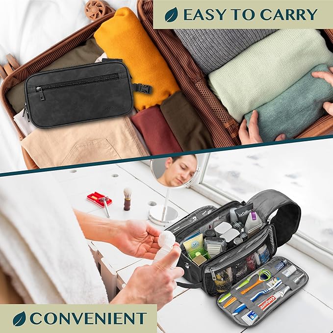 PAVILIA Toiletry Bag for Men Women, Mens Travel Bag Toiletries Organizer Case for Grooming, Travel Essentials Shaving Dopp Kit, PU Leather Water Resistant Cosmetic Pouch, Black