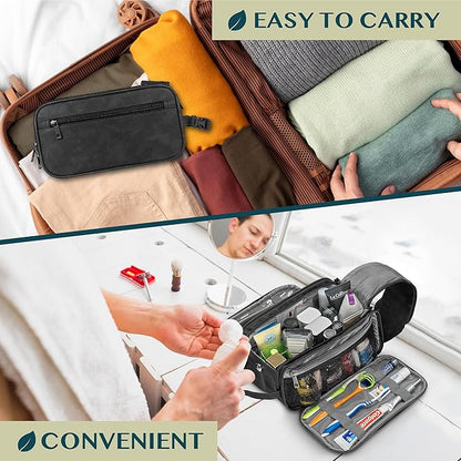 PAVILIA Toiletry Bag for Men Women, Mens Travel Bag Toiletries Organizer Case for Grooming, Travel Essentials Shaving Dopp Kit, PU Leather Water Resistant Cosmetic Pouch, Black