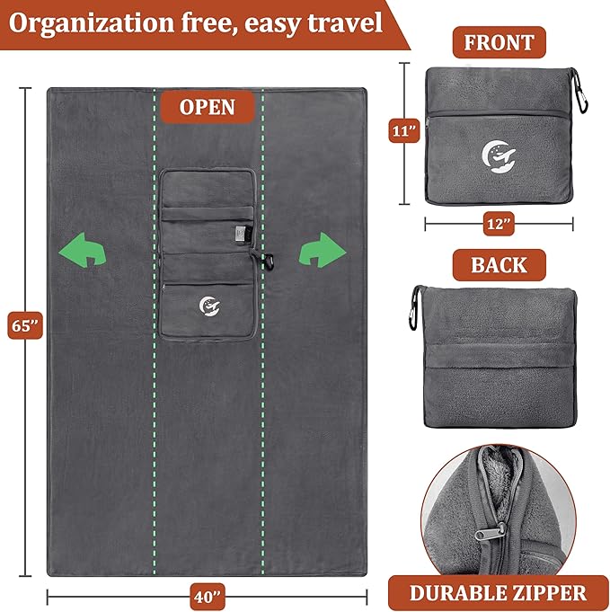 Tirrinia Soft Travel Blanket Pillow, 3-in-1 Foldable Airplane Throw Blanket, Long Flight Essentials, Car Pillow, Lightweight Travel Accessories