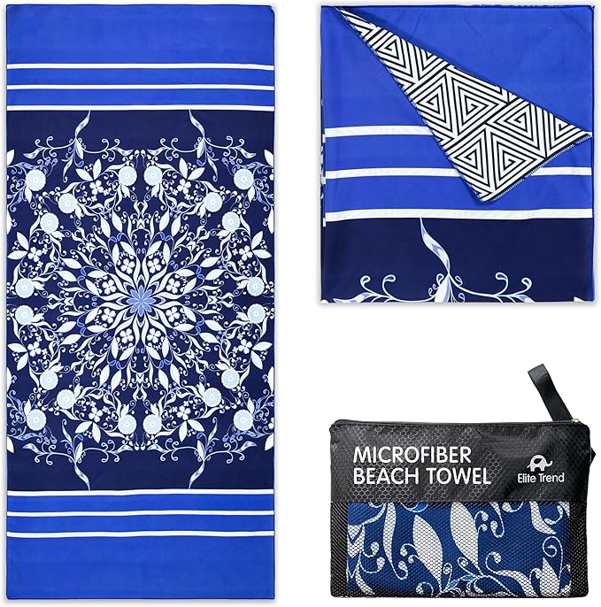 Quick Dry Towel Extra Large 78x35 Inch - Microfiber Beach Towel - Perfect for Beach, Travel, Swimming, Pool, Yoga, Hiking, Camping - Lightweight, Fast Drying, Compact for Adults (Blue Flower)