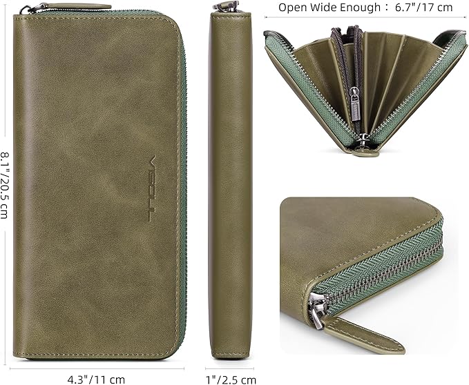 VISOUL Leather Long Zipper Pouch Wallet for Men and Women with RFID Blocking, Large Clutch Cash Long Wallet with Zipper (Olive Green)