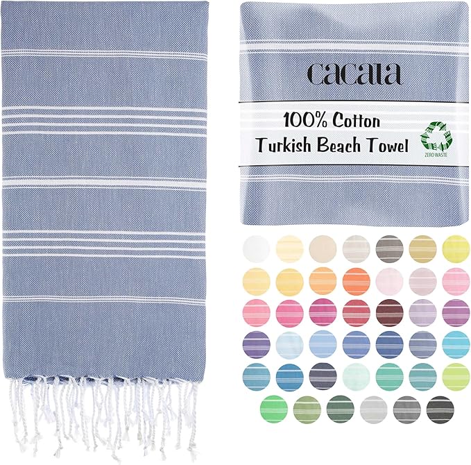Cacala Lightweight and Thin Turkish Beach Towel 100% Cotton Sand-Free and Quick-Drying Goodness Perfect as an Extra Large Travel Towel, Beach Accessory, or Gift for Beach Lovers, 37 x 70