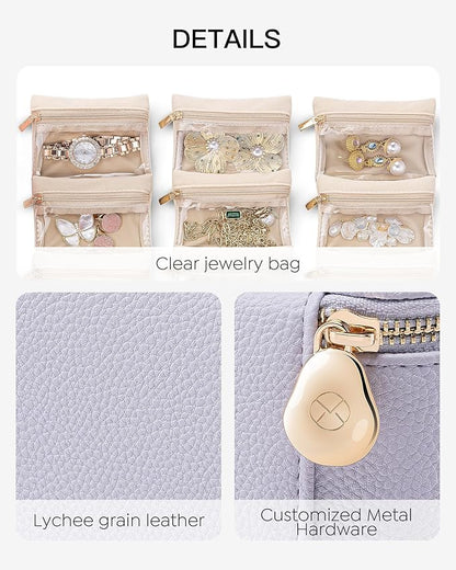 Vlando Travel Jewelry Case Organizer, Small Jewelry Box with 6 Velvet Jewelry Zipper Bags,Christmas Gifts for Women Girls Friends-Purple