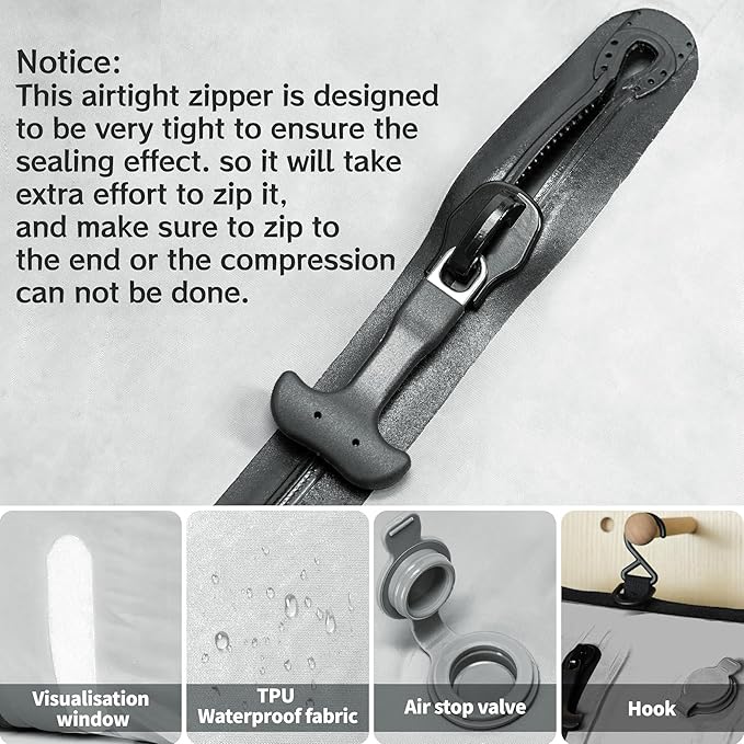 ONTYZZ Two Pack Travel Vacuum Compression Bags Space Saver Vacuum Bags Reusable Compression Bag with IP67 Waterproof Zipper for Travel Suitcases and Backpack,Grey（NO PUMP!）