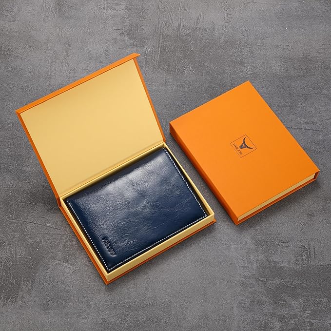 HISCOW Italian Leather Passport Holder for Travel - RFID Blocking Wallet Cover with Secure Organizer for Men & Women, US & Foreign Trips, Antiqued Blue