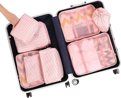 BAGAIL 8 Set Packing Cubes Luggage Packing Organizers for Travel Accessories-White and Pink Stripe