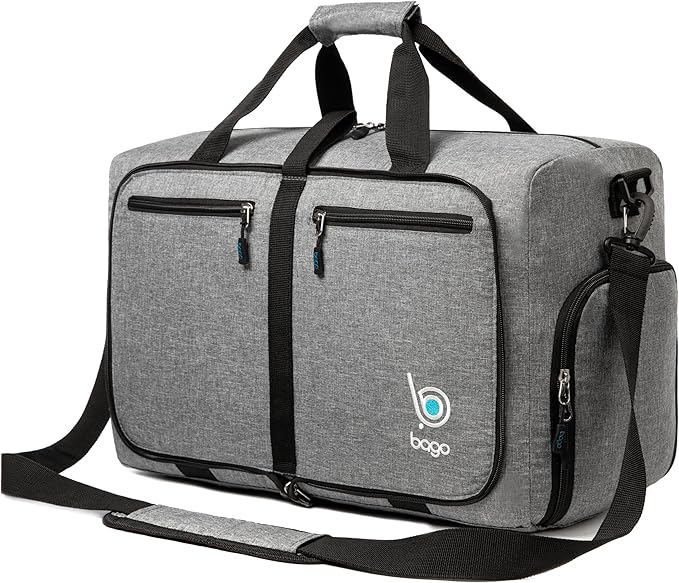 Bago Foldable Duffel Bags for Traveling Women & Men - 40L Sports Packable Duffle Bag for Travel with Shoe Compartment - Water Repellant, Heavy Duty, Lightweight Folding & Collapsible (SnowGray)