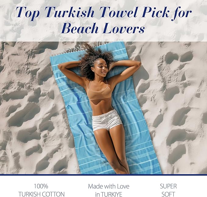 Cacala Lightweight and Thin Turkish Beach Towel 100% Cotton Sand-Free and Quick-Drying Goodness Perfect as an Extra Large Travel Towel, Beach Accessory, or Gift for Beach Lovers, 37 x 70