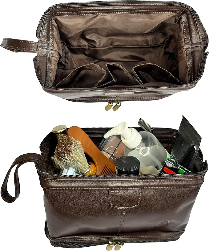 RUSTIC TOWN Leather Toiletry Bag for Men - Shaving Ditty Kit - Travel Gift Bathroom Shower Toiletries Organizer - Cosmetic Makeup Bag for Women (Chocolate Brown)