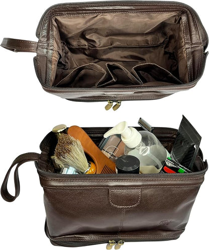 RUSTIC TOWN Leather Toiletry Bag for Men - Shaving Ditty Kit - Travel Gift Bathroom Shower Toiletries Organizer - Cosmetic Makeup Bag for Women (Chocolate Brown)