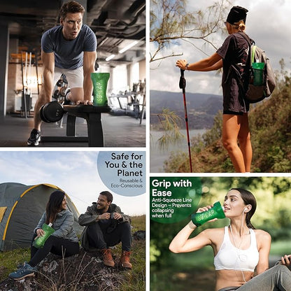 Collapsible Water Bottle – BPA Free, Foldable Sports Bottle for Hiking, Travel, Gym, Leakproof Lightweight Reusable Bottle with Carabiner – Eco-Friendly (15oz- 450 ml) (green)