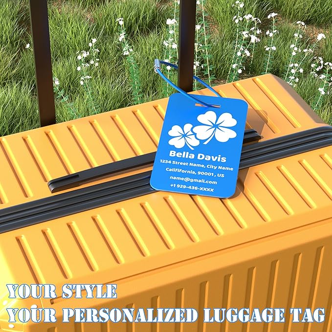 4 PCS Personalized Luggage Tags for Suitcases, Custom Aluminum Luggage Tags for Bags and Backpacks, Waterproof & Heavy Duty Personalized Metal Name Tags for Travel (Blue)