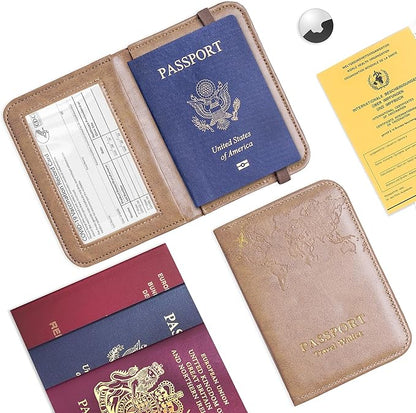 QIELIZI Passport Holder with Airtag Slot, Airtag Passport Wallet for Men Women, Slim Leather Passport Holder Case Family for Travel Anti-Lost(1-Yellow Grey)