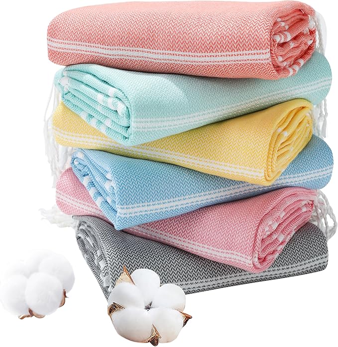 Genovega 6 Packs Oversized Turkish Beach Bath Towel Set Bulk 74"x38" Extra Large Sand Free Quick Dry Swim Camping Pool Clearance Towels Travel Blanket Adult Essentials Multi Stripe