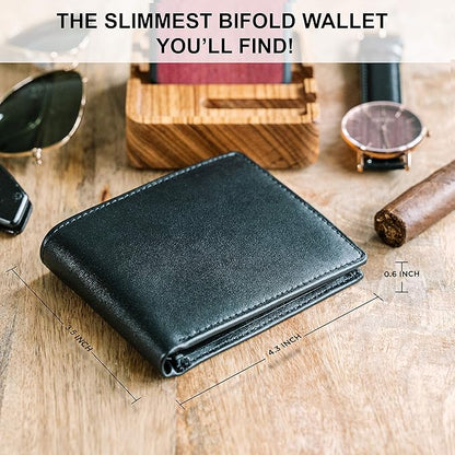 Top Grain Leather Wallet for Men | RFID Blocking | Extra Capacity Bifold Wallet with 2 ID Windows | Ultra Strong Stitching | Slim Billfold with 8 Card Slots | Gift for Him
