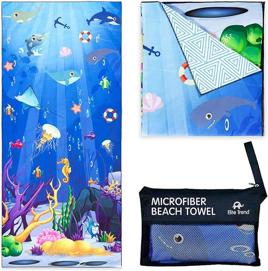 Elite Trend Microfiber Beach Towel for Adults with Bag - Extra Large 78x35 inch Lightweight Sand Free Quick Dry Towel for Travel, Swimming, Yoga, Camping (Sea Animal)