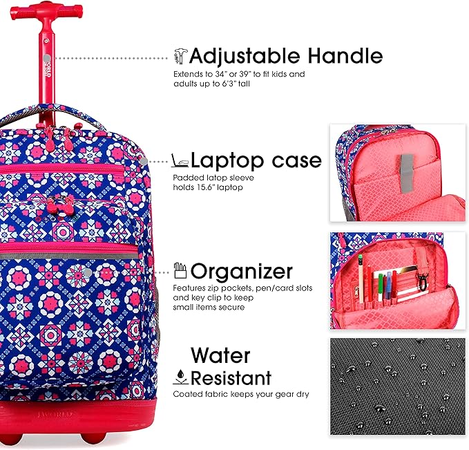J World Sundance Laptop Rolling Backpack for Girls Boys. Roller Bookbag with Wheels, Trinket
