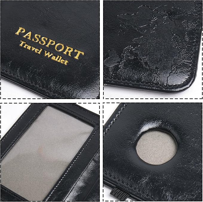 QIELIZI Passport Holder with Airtag Slot, Airtag Passport Wallet for Men Women, Slim Leather Passport Holder Case Family for Travel Anti-Lost(1-Black)