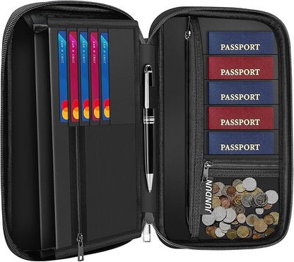 JUNDUN Family Passport Holder,Upgraded Material RFID Blocking Fireproof Travel Passport Wallet with 2 Pockets,Travel Document Organizer Case for Passport,Card and Money