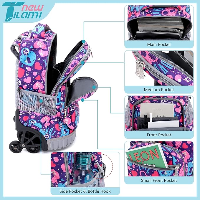 NEW TILAMI 18 Inch Rolling Backpack with Wheels for Girls Boys Kids Laptop Backpack School Travel, Pink Love key