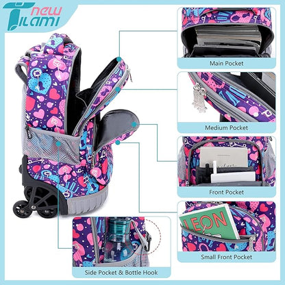 NEW TILAMI 18 Inch Rolling Backpack with Wheels for Girls Boys Kids Laptop Backpack School Travel, Pink Love key