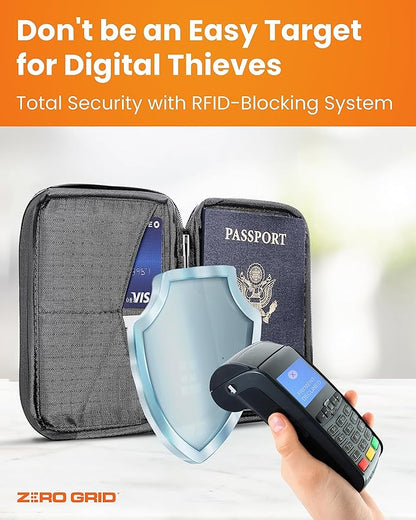 Passport Holder & Travel Wallet with RFID Blocking - Premium Document Organizer Case for Men and Women - Holds Passports, Cards, Tickets, ID, Cash - Compact Zippered Wallet - Shadow