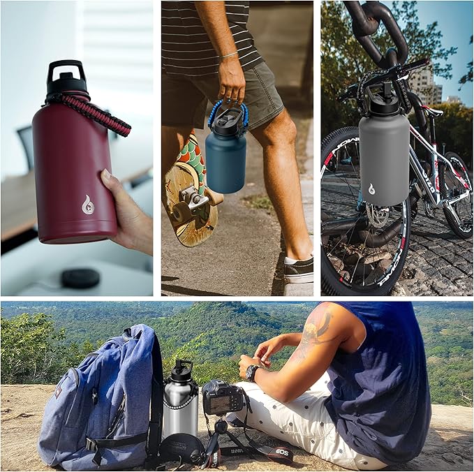 BJPKPK Half Gallon Insulated Water Bottles with Straw Lid, 64oz Large Water Jug, Stainless Steel Bottles with 3 Lids and Paracord Handle, Thermo for Hot & Cold Liquid, Brick Red